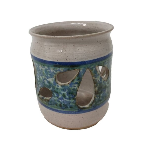 Vintage Studio Pottery Candle Holder Stoneware Blue Splatter Flower Petal Design - Picture 1 of 10